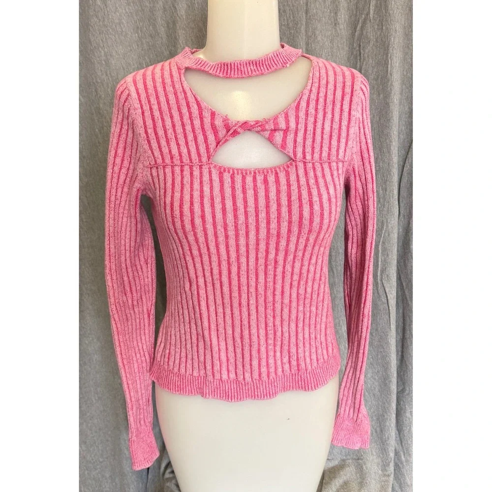 Willow Root Women Medium Knit Top Pink Striped Cutout Keyhole Ribbed Sweater - Picture 1 of 8